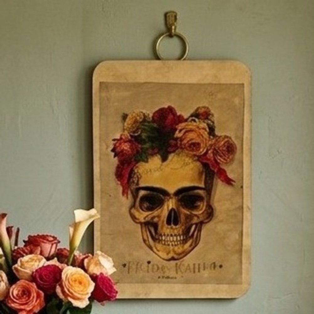 Frida Kahlo Skull Floral Crown Wood Wall Art Plaque Day of the Dead Decor